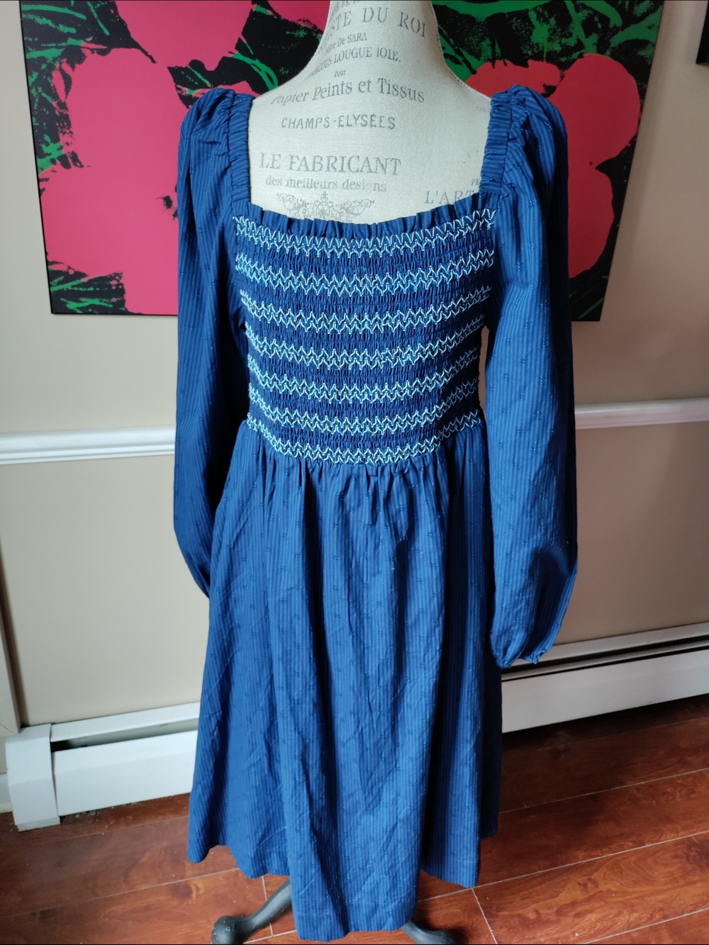 Women's Draper James RSVP Navy Blue Smocked Puff Sleeve Midi Dress Size xL